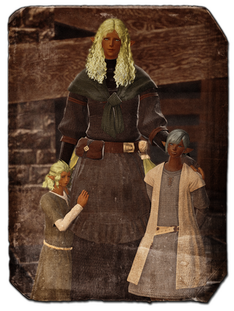 A widow stands with her two children in the Brume, c. 1558