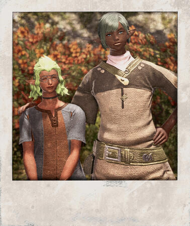 Two siblings pose for a pictograph outside the Acorn Orchard, c. 1565